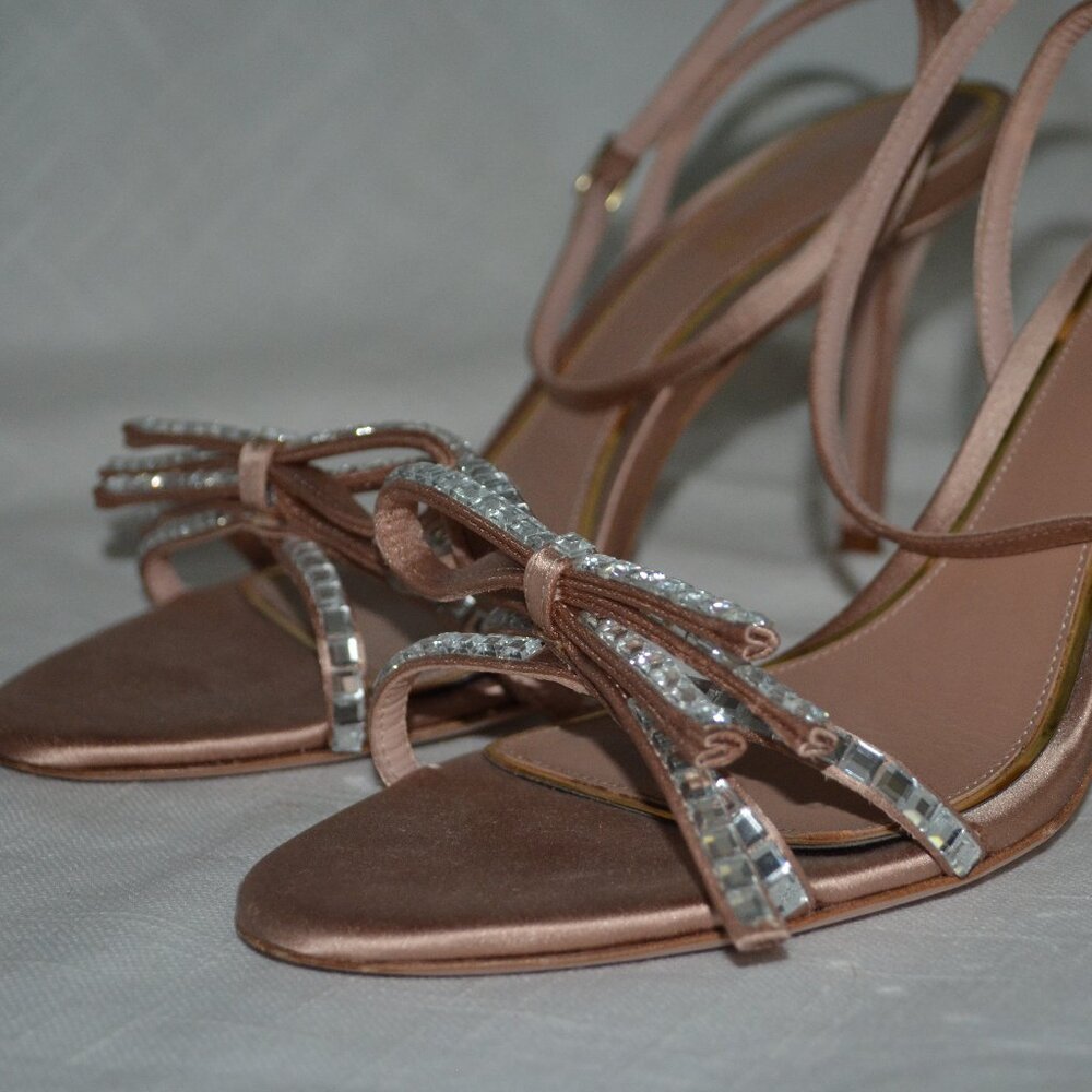 Sz 37.5 Gedebe Cecile Satin Nude Rhinestone Bow Detail 3.5" Strappy Heels - Picture 4 of 9